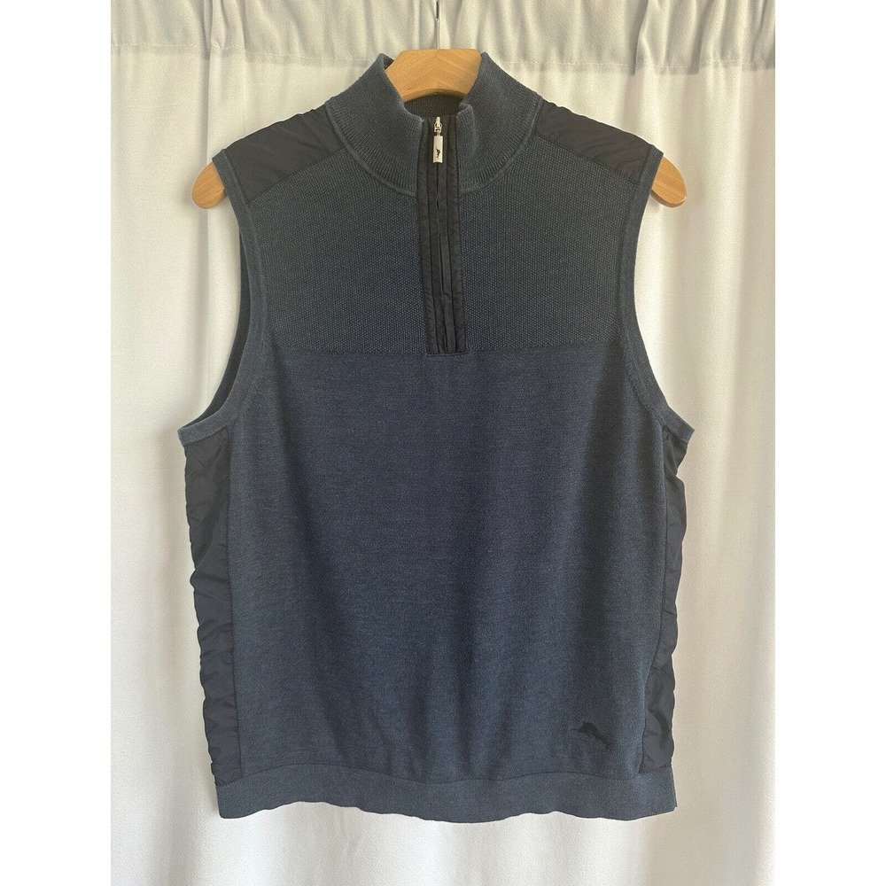 Tommy Bahama Mens Vest Size Small 1/4 Zip Blue Sleeveless Mixed Media Logo